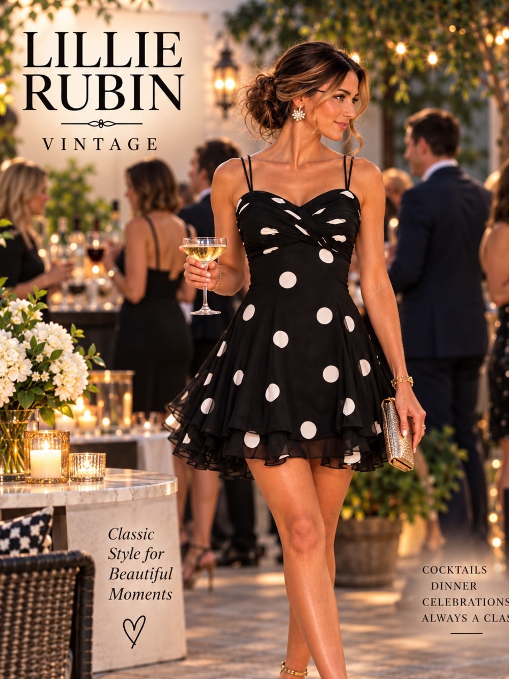 Lillie Rubin Vintage 100% Silk Dramatic Ruched Polka Dot Cocktail Dress Size 6